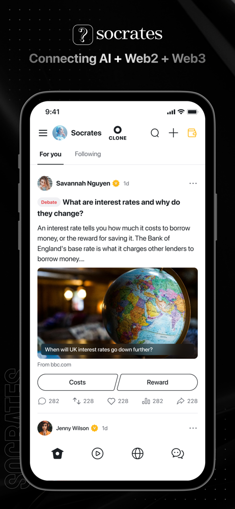 Socrates - Interfaz de la aplicación Sócrates que muestra un feed de debate con una publicación sobre tasas de interés y opciones de votación.