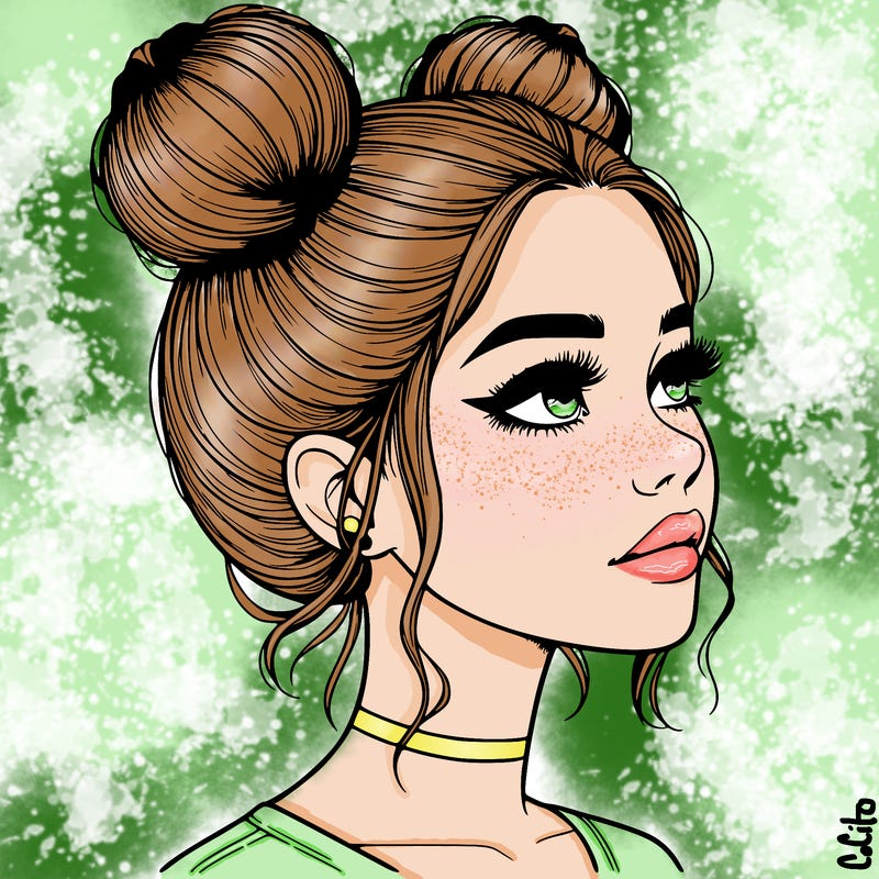 realistic girl with buns on the top of her head