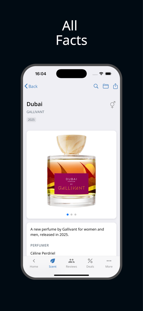 Parfumo app displaying detailed fragrance facts and a perfume bottle image
