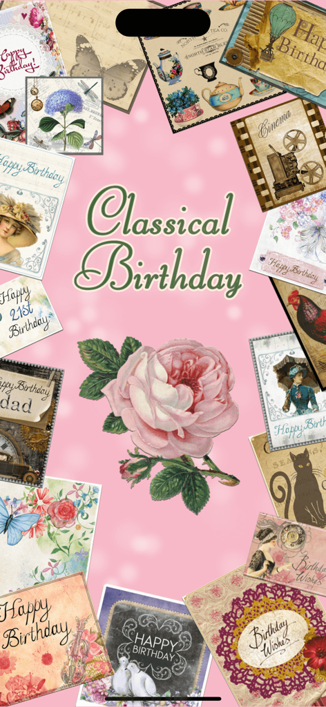 Classical Birthday - A collage of vintage and classical birthday card designs with floral and artistic themes on a pink background.