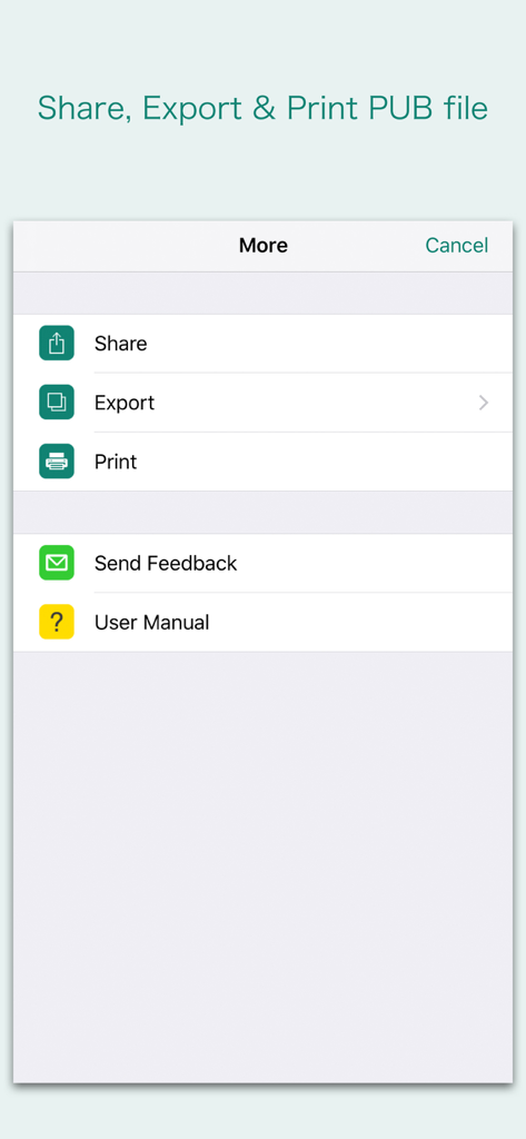 Mobile app menu showing share export and print options for Microsoft Publisher files