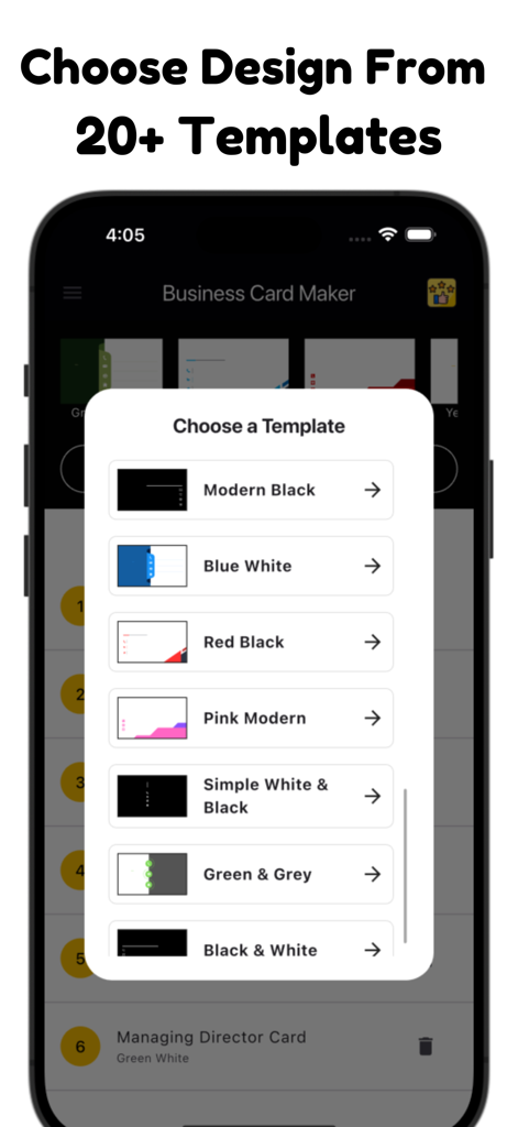Business, Visiting Card Maker - モダンブラック＆ブルーホワイトなどのプロフェッショナルな名刺デザインテンプレートのリストを表示するモバイルアプリ画面