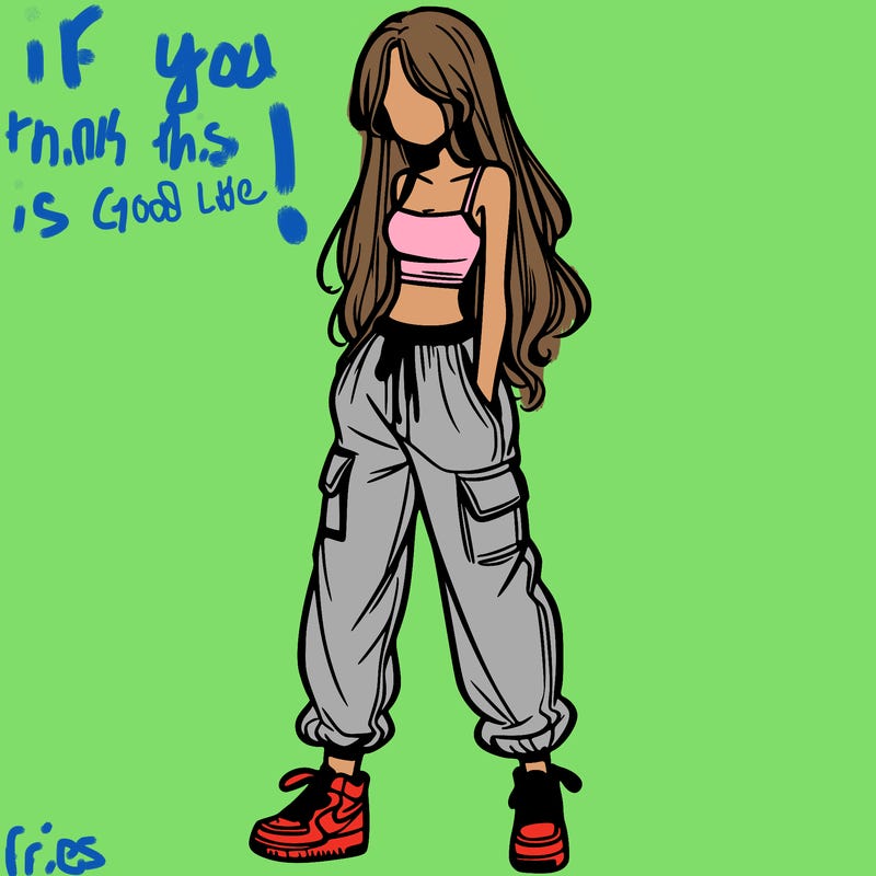 girl in baggy pants crop top and long hair