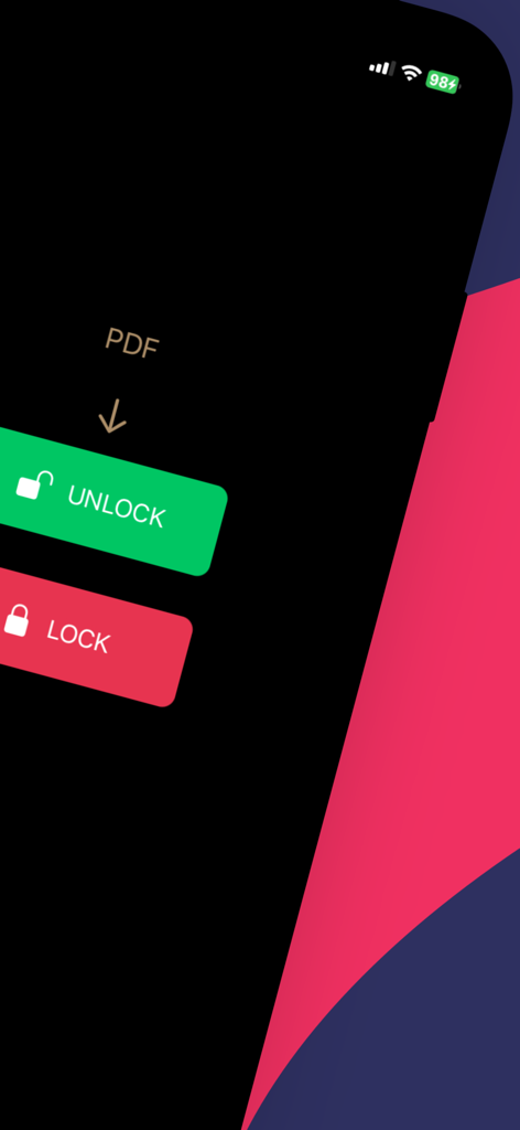 unlock pdf & lock pdf - Mobile app interface showing green unlock and red lock buttons for PDF documents