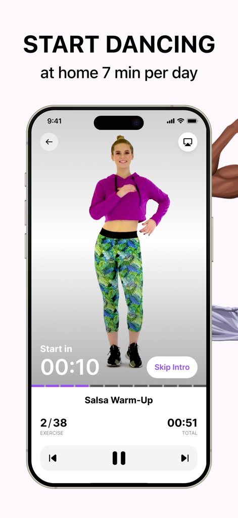 A woman performing a salsa warm up routine on the Organic Dance weight loss app