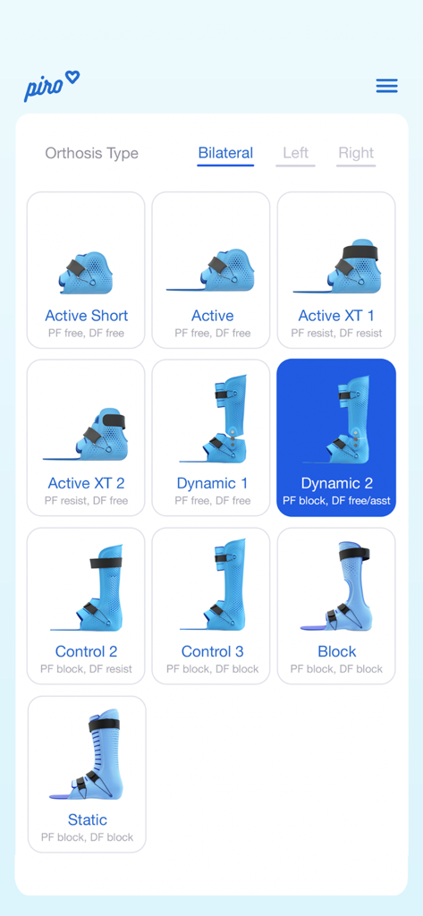 Clinical configurator interface showing multiple 3D printed AFO models