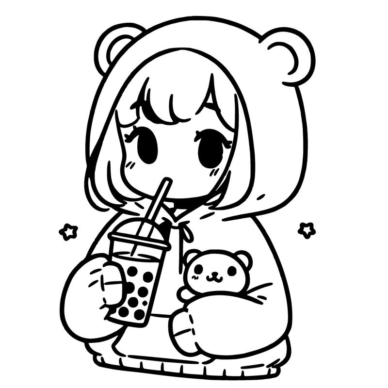 simple cute girl wearing oversized hoodie that has a teddy bear on it drinking boba