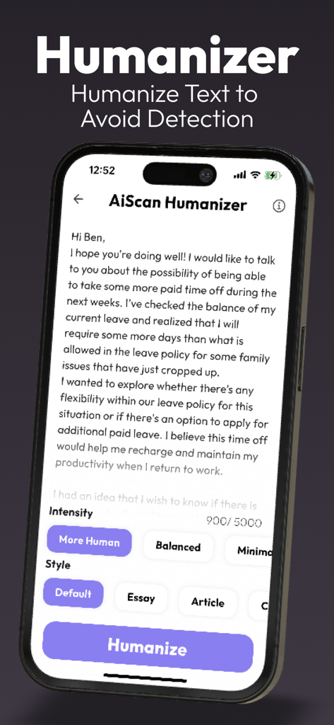AI Detector & Humanizer AiScan - Interfaz de la aplicación móvil AiScan que muestra la herramienta de humanizador de texto de IA con opciones para ajustar la intensidad y el estilo para evitar la detección.