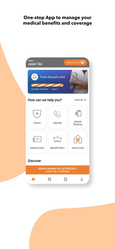 AllCare@Income - Oberfläche der AllCare@Income-App, die eine Zusammenfassung der medizinischen Leistungen und Service-Icons wie Telekonsultation und Anspruchseinreichung zeigt.