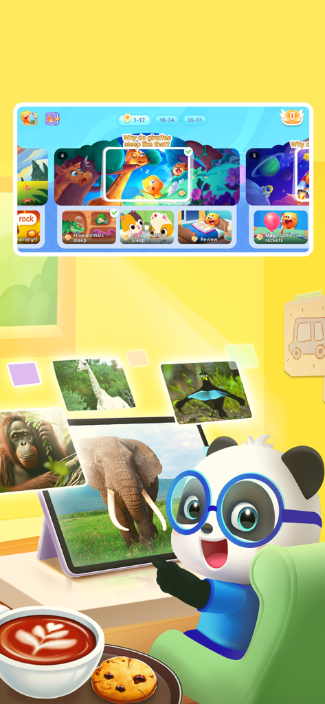 BabyBus Kids Science - Panda character exploring animal science topics on a tablet in the BabyBus Kids Science app