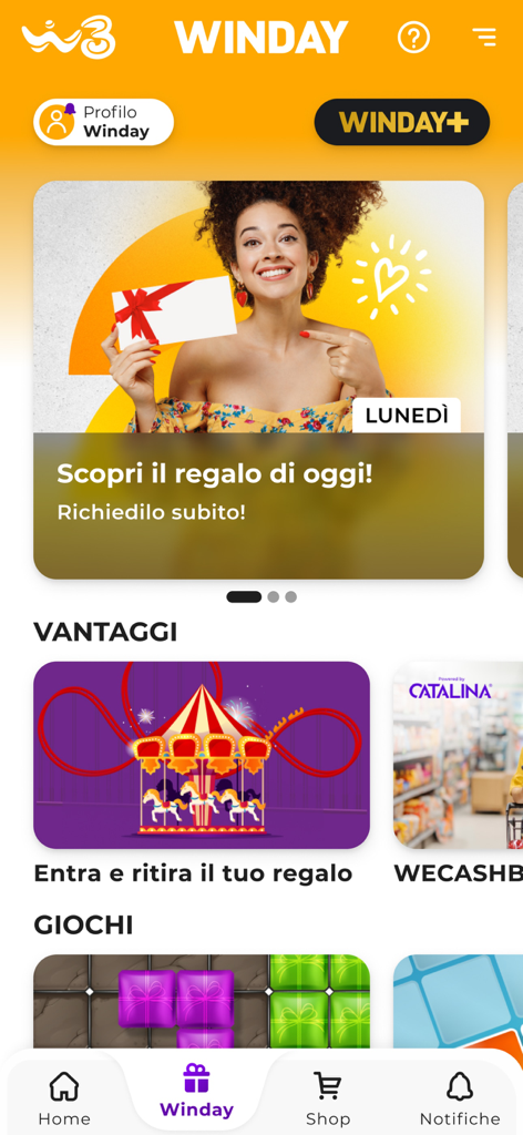 WINDTRE - WINDTREアプリのWINDAY画面。ユーザー向けの毎日のギフト、特典、ゲームが表示されています。