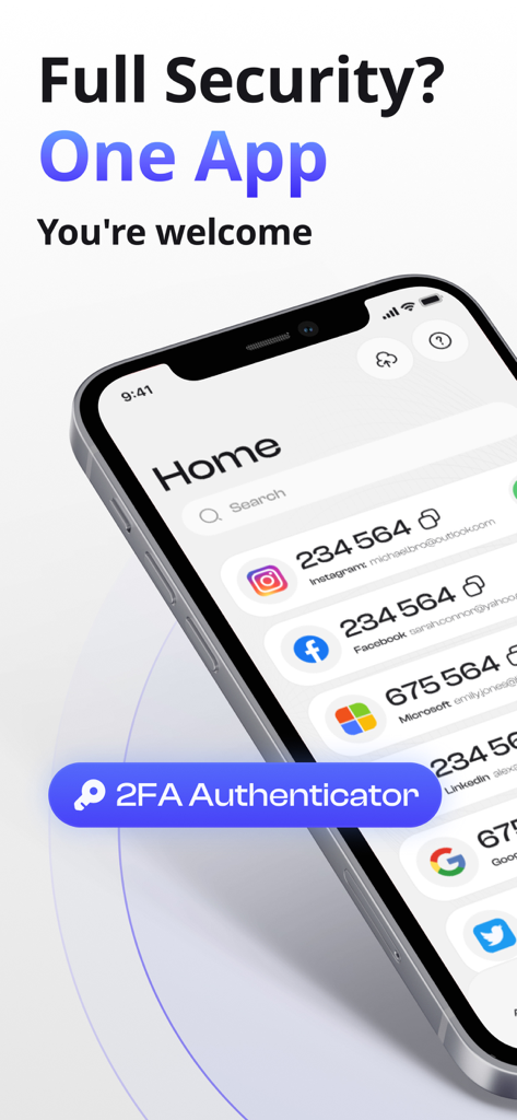 Smartphone-Bildschirm zeigt die Startseite der Authenticator 2FA-App mit mehreren Konto-Sicherheitscodes.