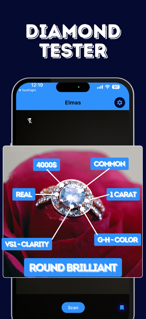 Diamond Tester & Scanner - AI diamond scanner app interface showing 4C grading and value estimation for a ring