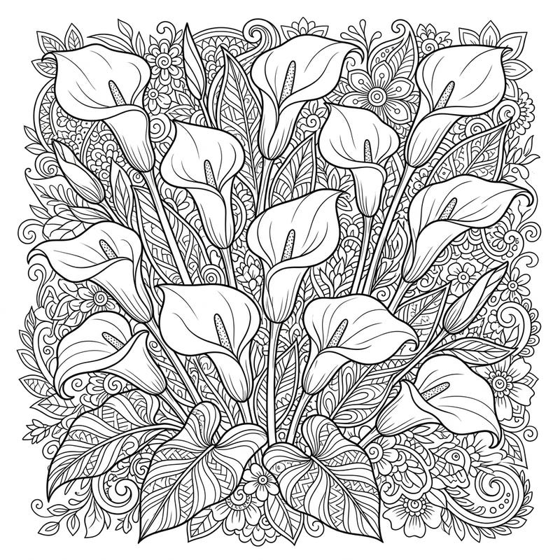 Dive into a world of sophisticated beauty with this stunning calla lilies coloring page, specifically designed to captivate teen artists. Explore intricate details and flowing floral patterns waiting for your unique touch.