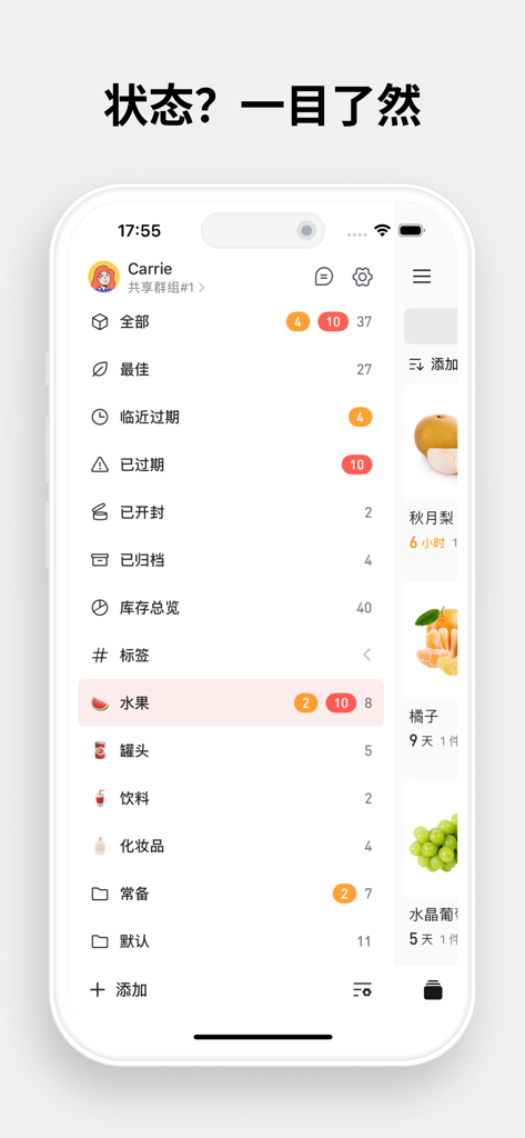 Mobile app dashboard showing categorized inventory with expiration status alerts and product lists