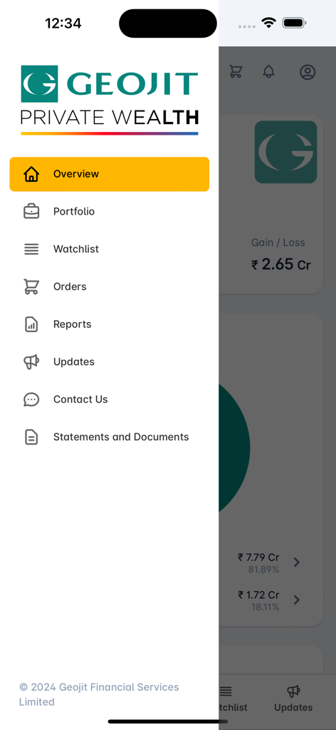 GEOJIT PRIVATE WEALTH - Sidebar navigation menu of the Geojit Private Wealth mobile app featuring options for portfolio, orders, and reports.