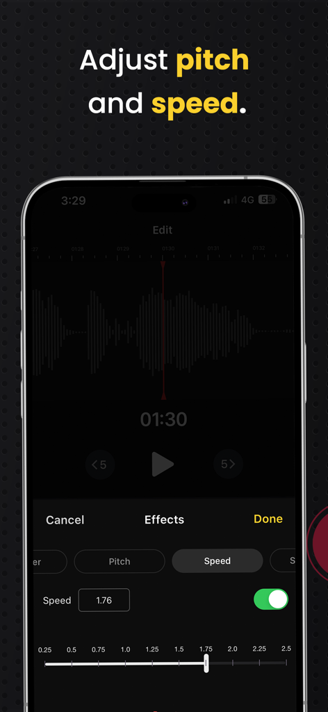AudiOn: Voice Recorder & Memos - Interface de l'application AudiOn montrant les commandes de réglage de la hauteur et de la vitesse pour les enregistrements vocaux.