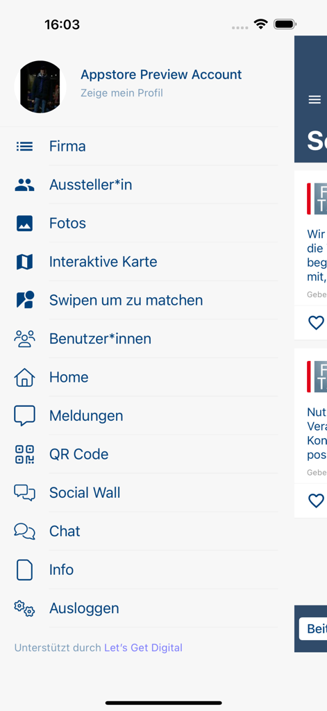 Side navigation menu of the FI-TS Events app showing networking and event features