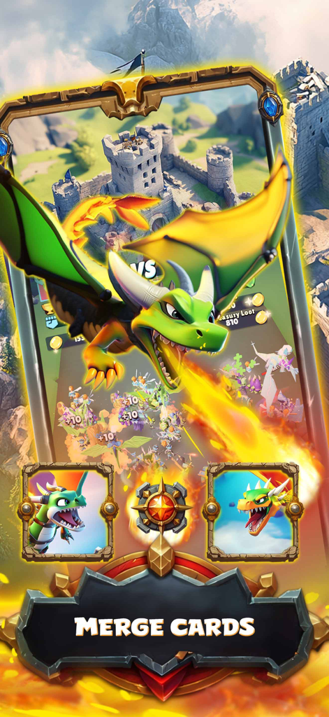 A green fire-breathing dragon flying over a castle battlefield in Tiny Legends RPG with a merge cards button.