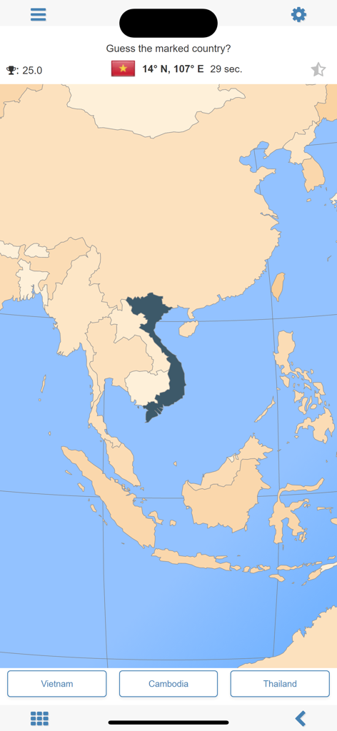 Pantalla de cuestionario de geografía de MxGeo mostrando un mapa del sudeste asiático con Vietnam resaltado.