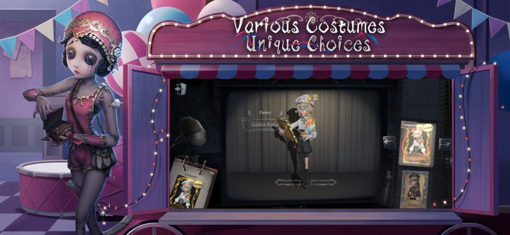 Character customization screen in Identity V showing unique costumes and the Painter skin Golden Ratio