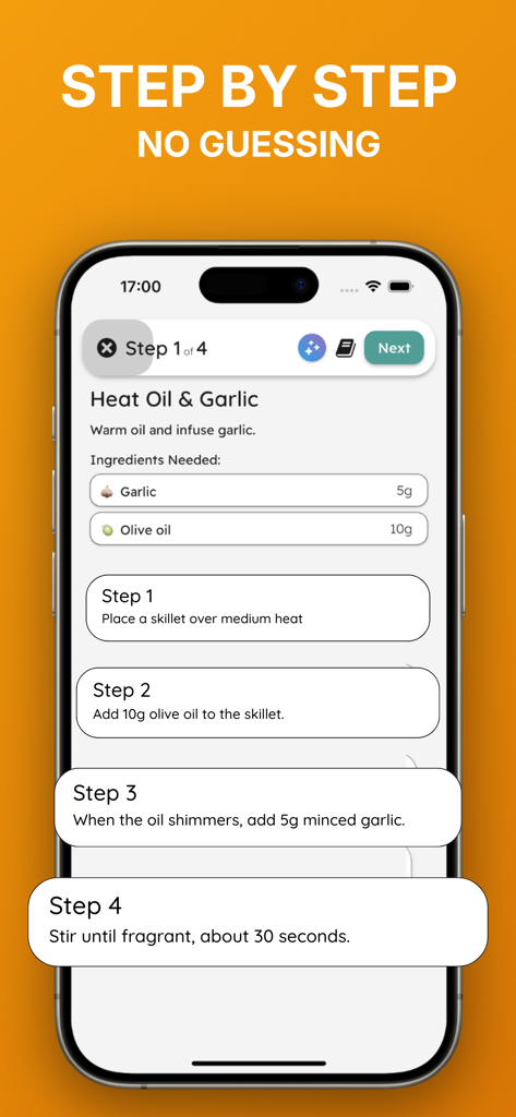 YouCook: Meal Plan & Recipes - YouCook app interface showing step-by-step recipe instructions with ingredient measurements for heating oil and garlic.