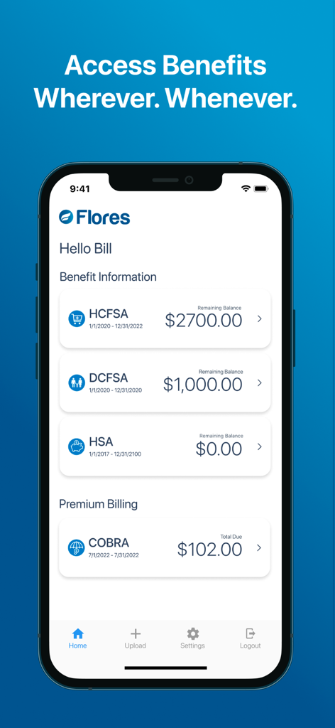 Flores Mobile app dashboard showing account balances for HCFSA, DCFSA, and HSA