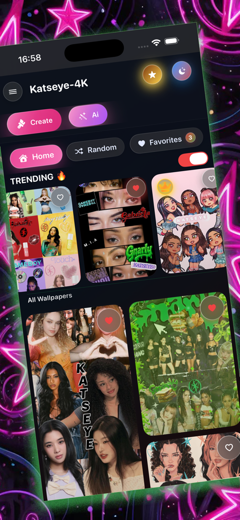 Katseye Wallpaper - Interface de l'application Katseye Wallpaper montrant une galerie d'arrière-plans de groupes pop tendance et des mises en page d'écran d'accueil.