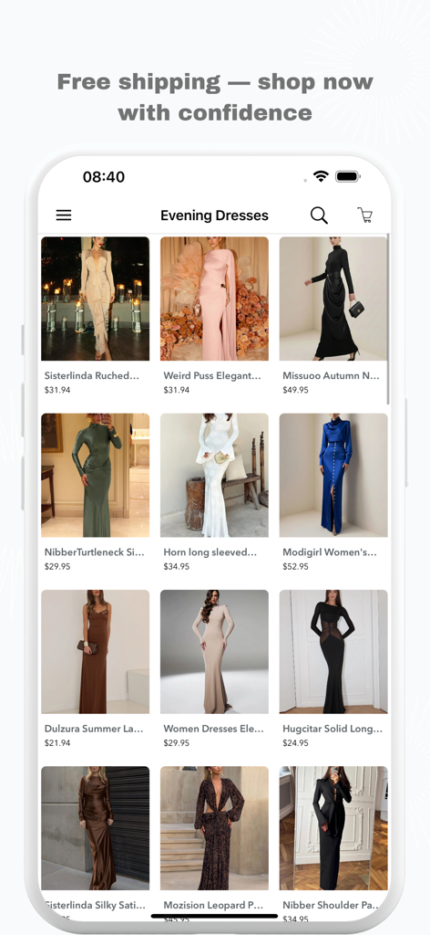 Catálogo de vestidos de noche modernos y asequibles para mujer en la app Cheap Dresses Fashion Shop.