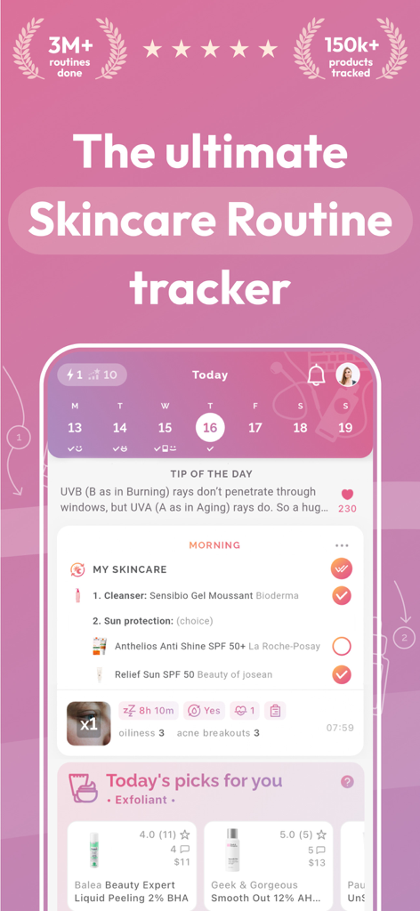 FeelinMySkin app interface showing a daily morning skincare routine, skin diary entries, and product recommendations.
