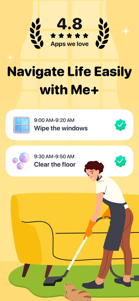 Me plus app interface showing completed cleaning tasks and an illustration of a woman vacuuming.