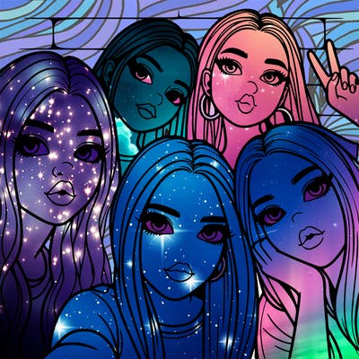 group of teen girls friends y2k up close in a selfie