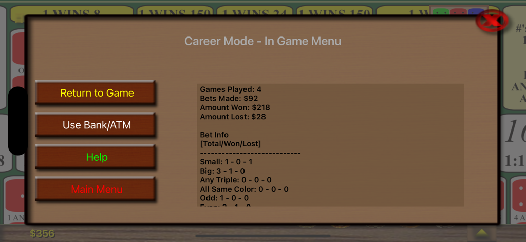 Sic Bo / Hi-Lo - Menu du mode carrière de l'application Sic Bo Hi Lo affichant les statistiques de paris et les options de jeu