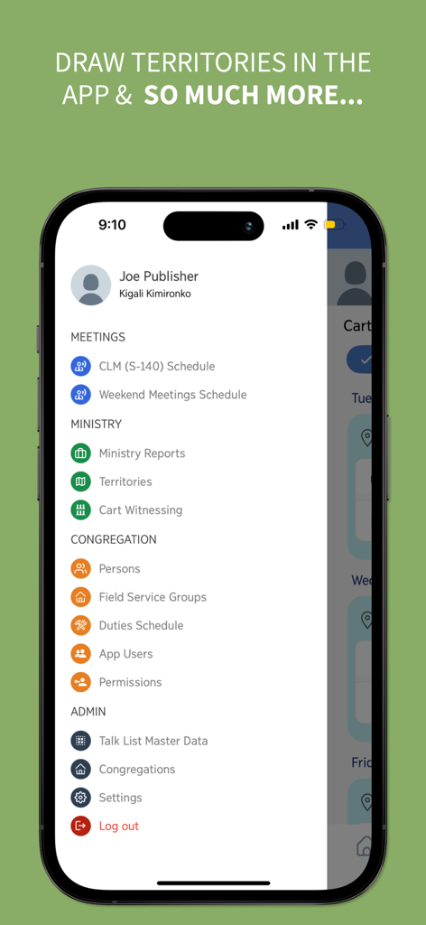 Zeal - Congregation Assistant - O menu de navegação lateral do aplicativo Zeal Congregation Assistant mostrando opções para cronogramas de reunião, relatórios ministeriais e gerenciamento da congregação.