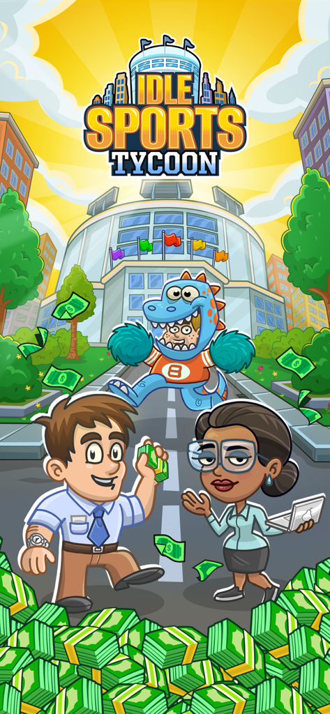 Cartoon characters and a dinosaur mascot standing in front of a large sports stadium with piles of money