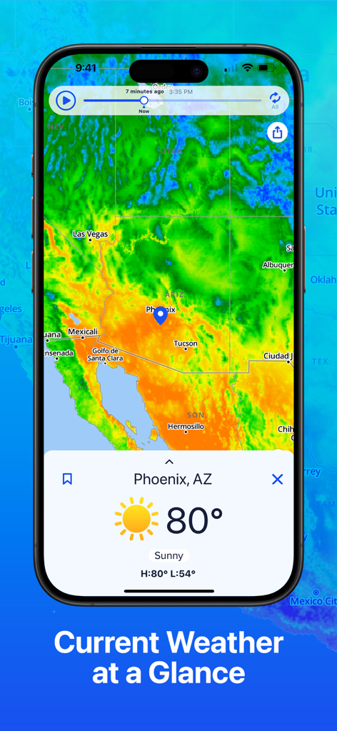 Interfaz de la aplicación Weather Hi-Def Radar que muestra condiciones soleadas y 80 grados en Phoenix
