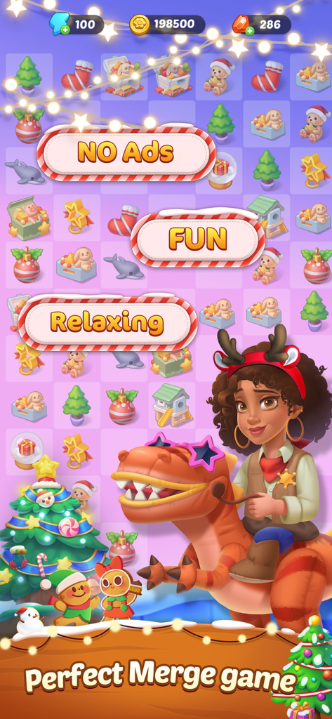 Seaside Escape gameplay showing holiday-themed merge puzzle board and no ads feature