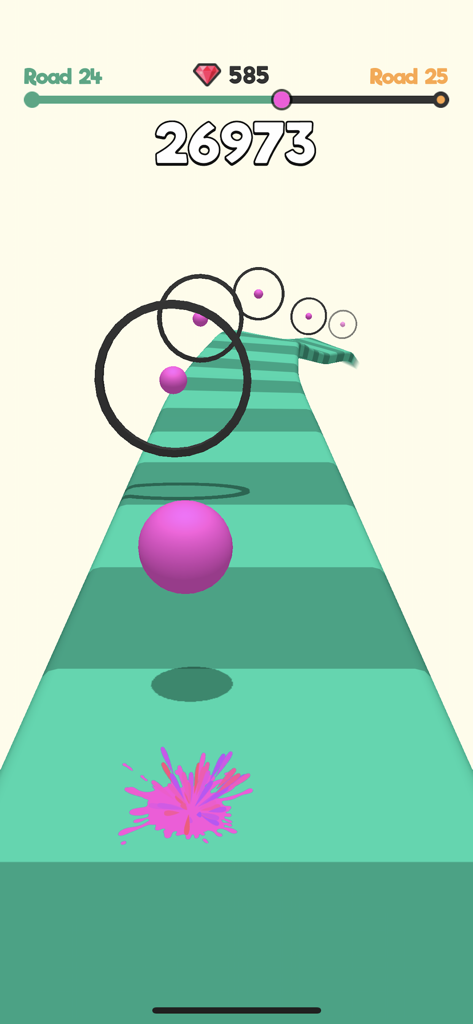 A pink slime ball bouncing through black rings on a green path in the Slime Road mobile game.