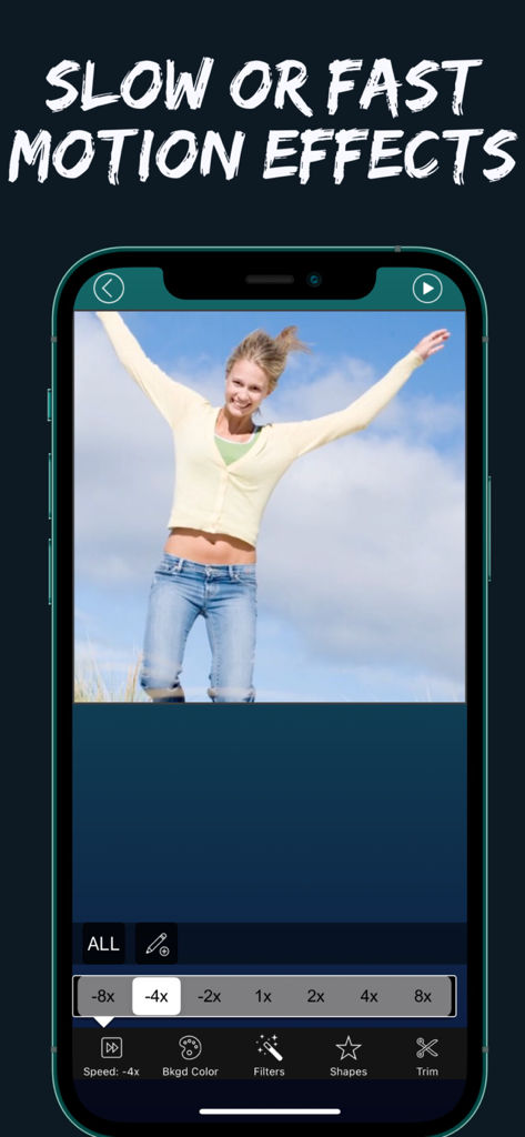 Video Editor Pro app interface showing slow and fast motion speed control settings