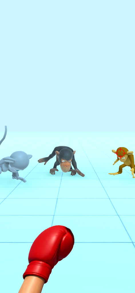 Annoying Monkey Punch - A first-person view of a red boxing glove aiming at a monkey with a target on its head in a blue grid arena