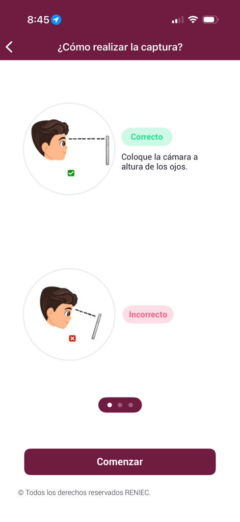 Guía que muestra el posicionamiento correcto e incorrecto de la cámara para la identificación facial en la aplicación ID Perú