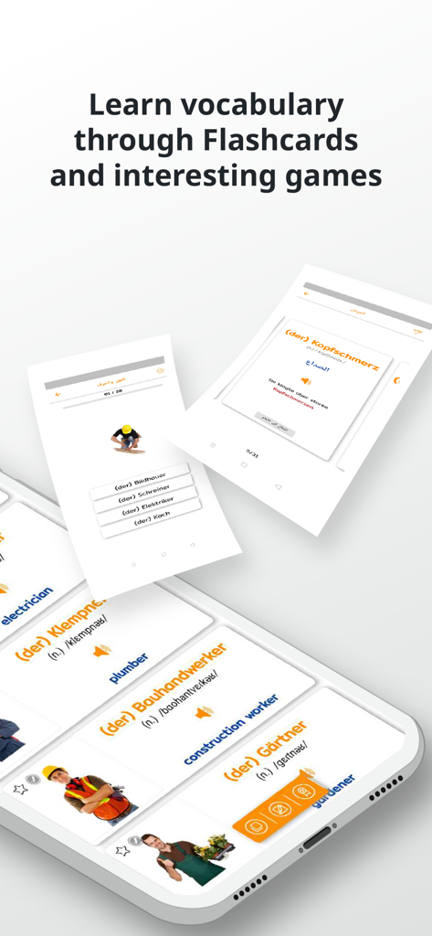 PORO - German Vocabulary - Oberfläche einer deutschen Lern-App, die Karteikarten mit Bildern und Vokabeln wie Klempner und Gärtner anzeigt