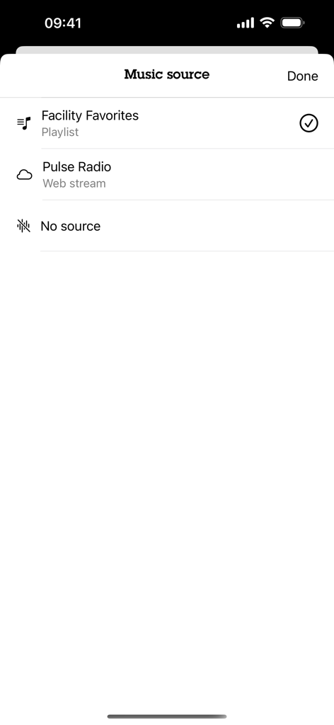 AXIS Audio Manager - Music source selection screen in the AXIS Audio Manager app showing options for playlists and web streams