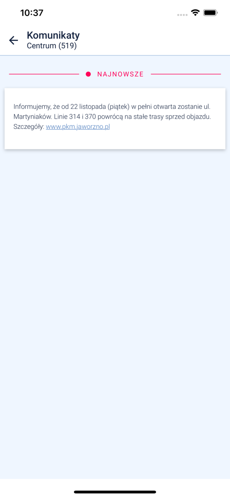 Interface de l'application KiedyPrzyjedzie affichant des annonces de transport en commun et des mises à jour d'itinéraire