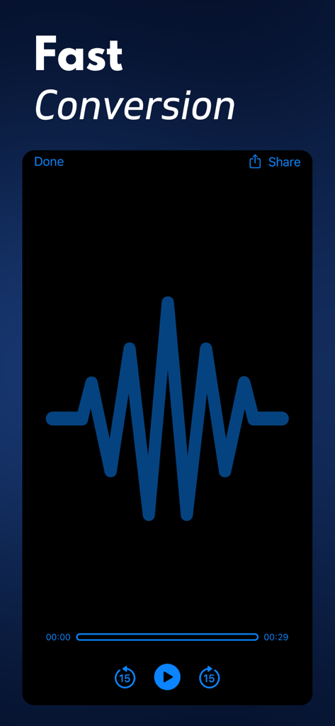 Video to Audio: MP3 Converter+ - App screen showing fast video to audio conversion result with an audio waveform and playback controls