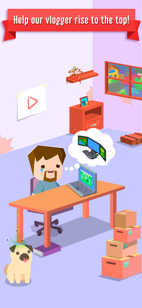 A cartoon vlogger at a simple desk dreaming of a triple monitor setup