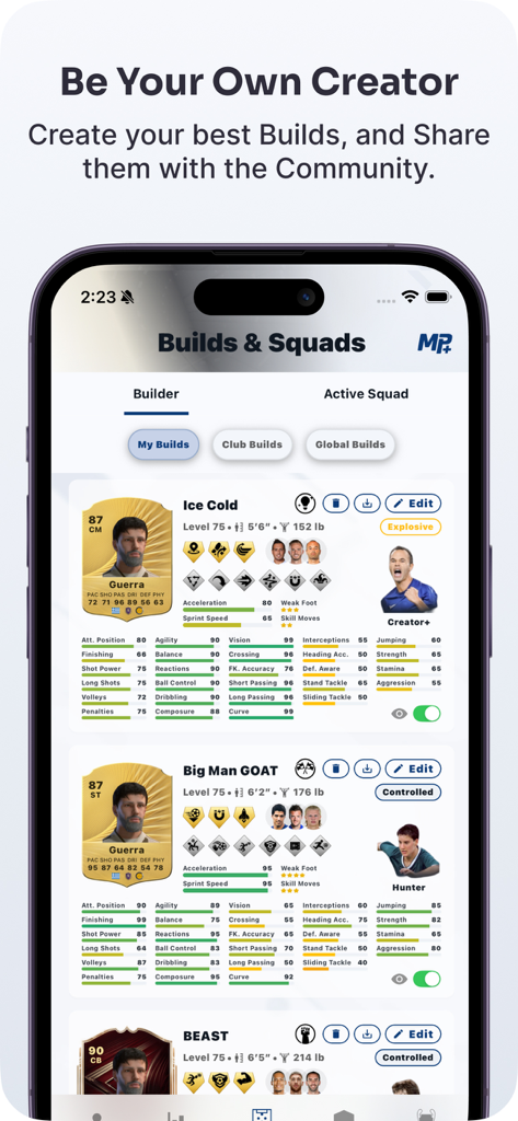 MyPlayer+ - Eine mobile Benutzeroberfläche für MyPlayer plus, die benutzerdefinierte Fußballspieler-Builds mit detaillierten Statistiken und Spielstilen zeigt.