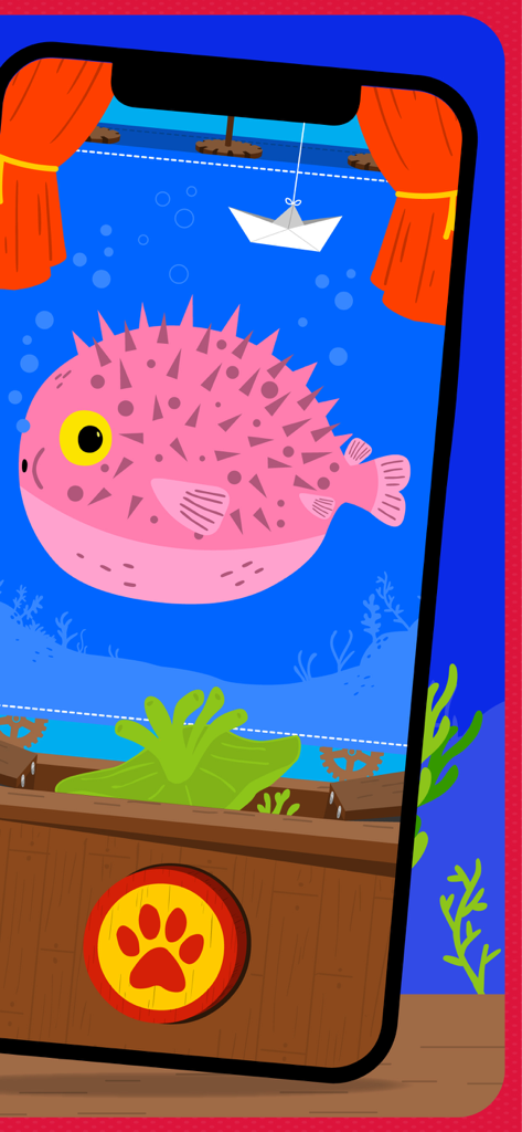 A pink pufferfish in an underwater scene designed as a digital animal theatre for toddlers.