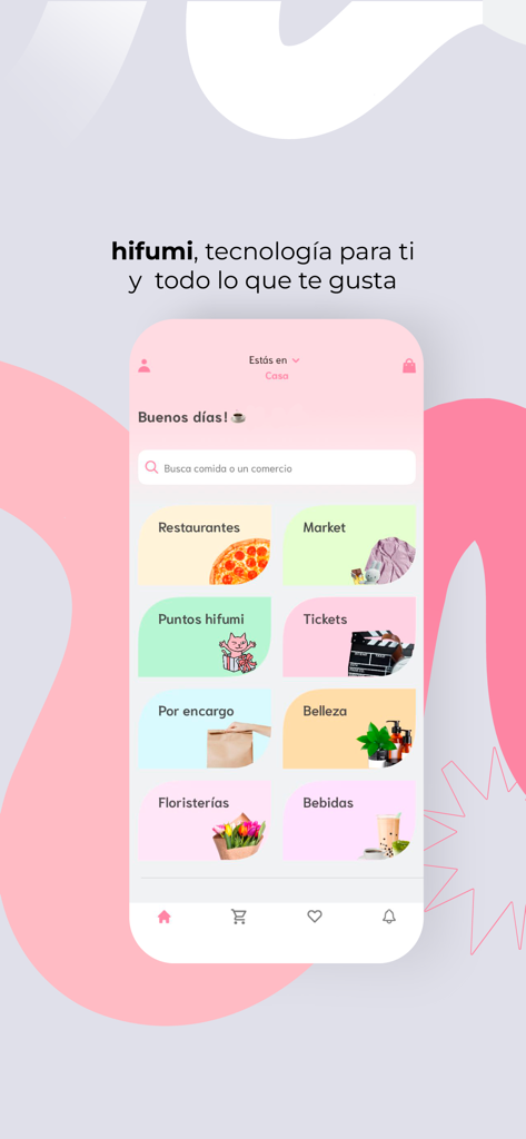 Hifumi app home screen showing service categories like restaurants and marketplace