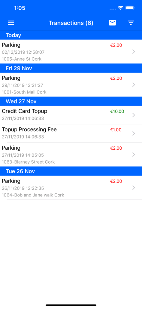Cork Park by Phone - Transaction history list in the Cork Park by Phone app showing parking payments and top ups